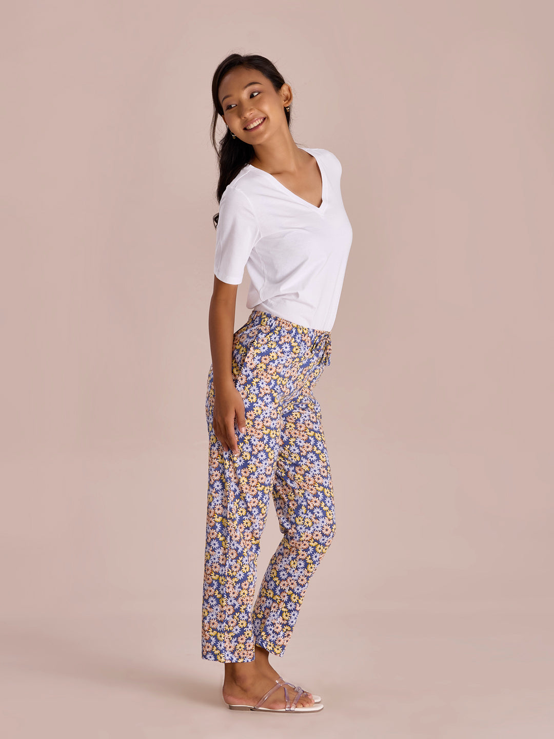 Blue Cotton Knit Printed Lounge Pants