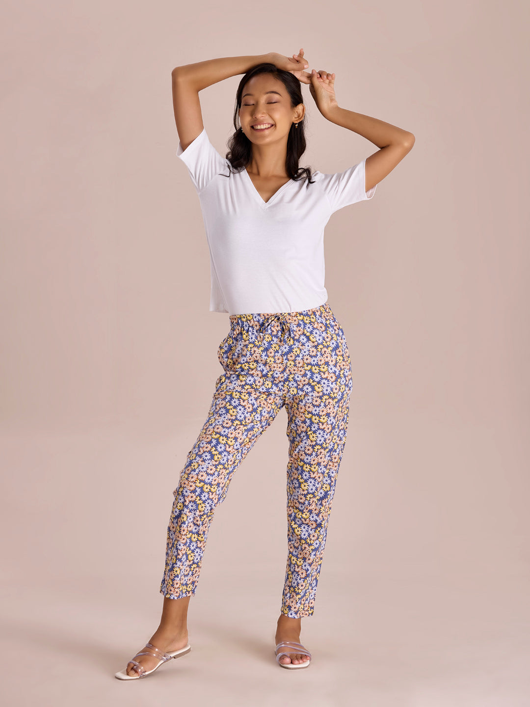 Blue Cotton Knit Printed Lounge Pants