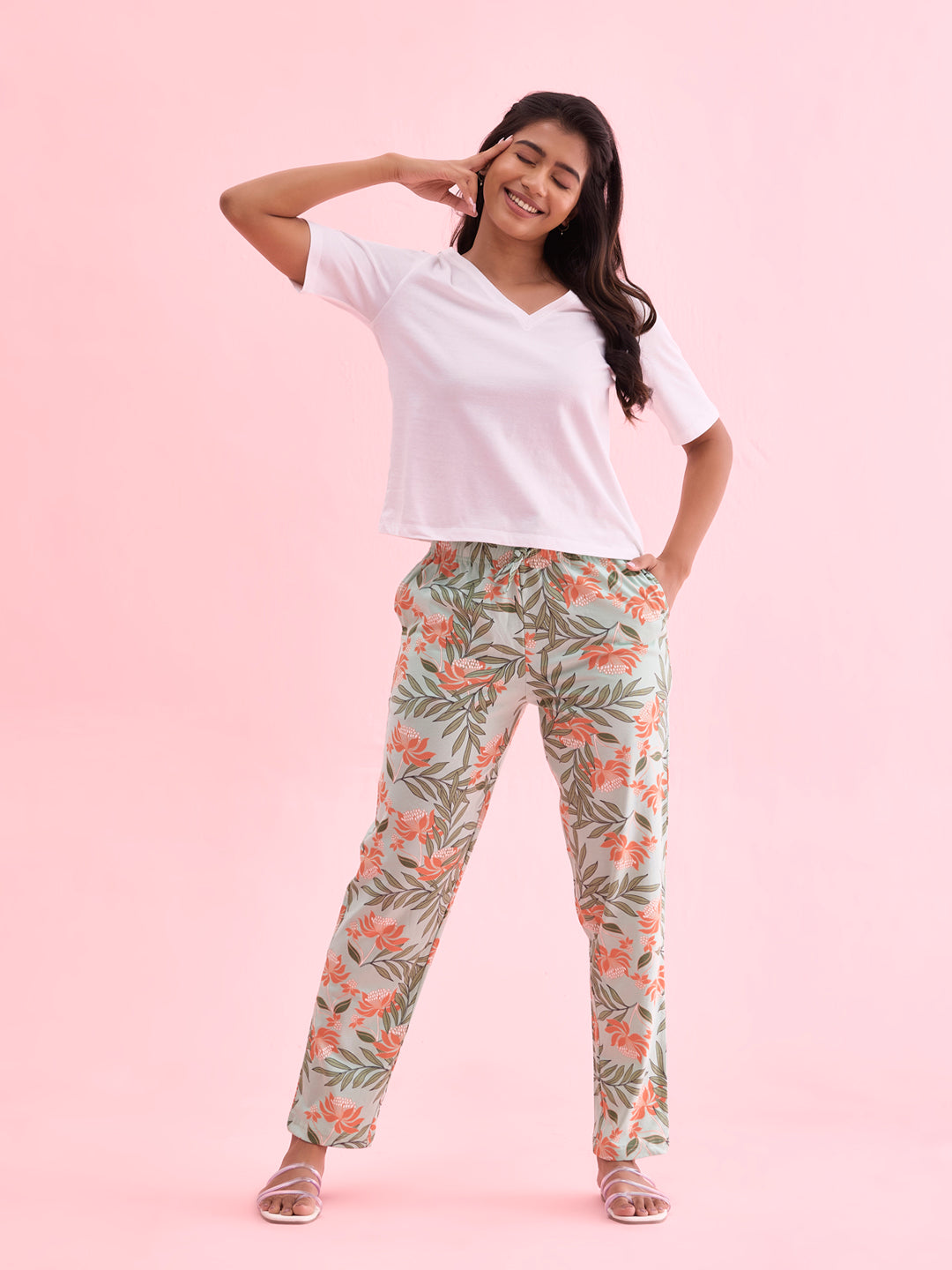 Green Cotton Knit Printed Lounge Pants