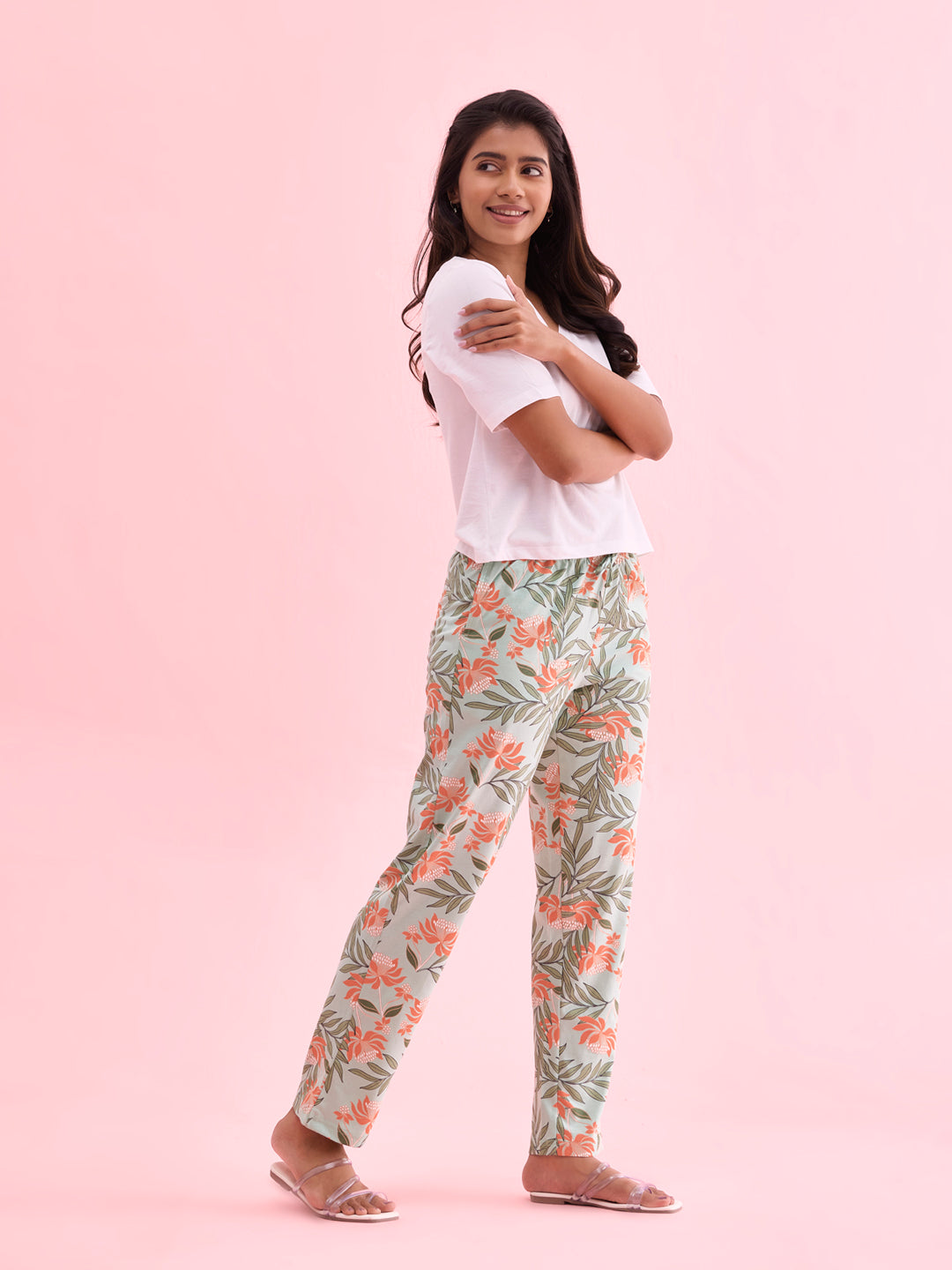 Green Cotton Knit Printed Lounge Pants