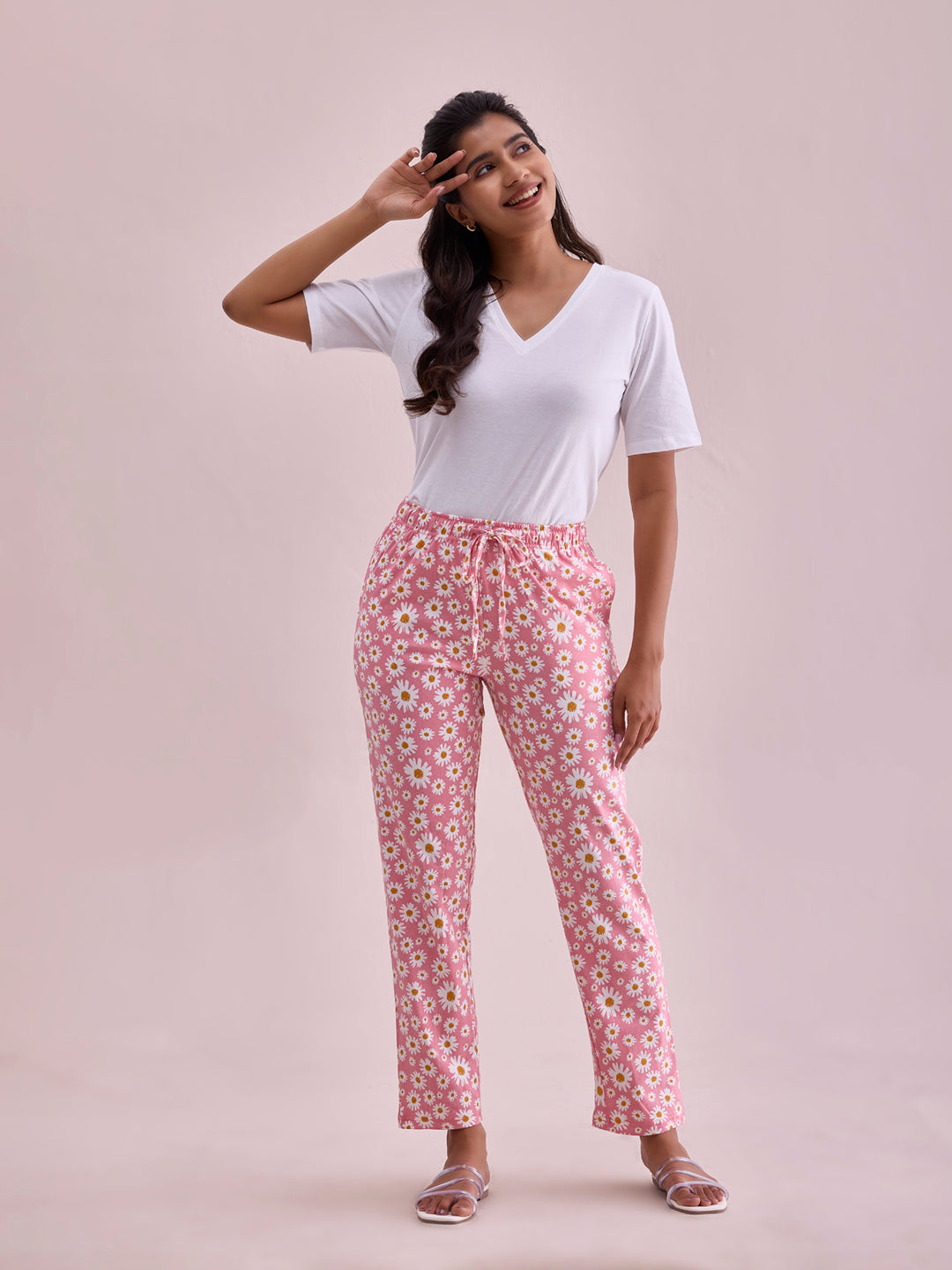 Light Pink Cotton Knit Printed Lounge Pants