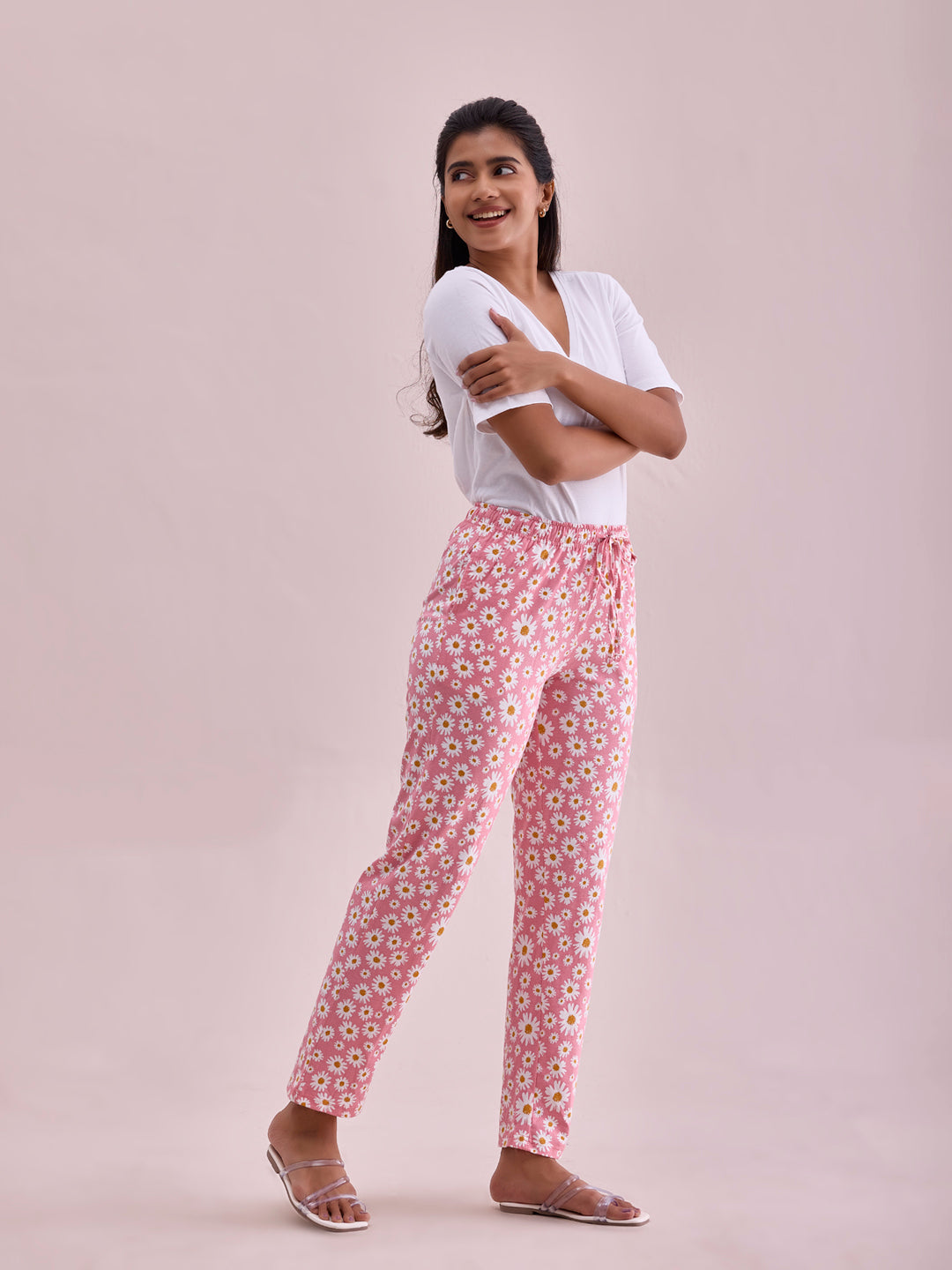 Light Pink Cotton Knit Printed Lounge Pants