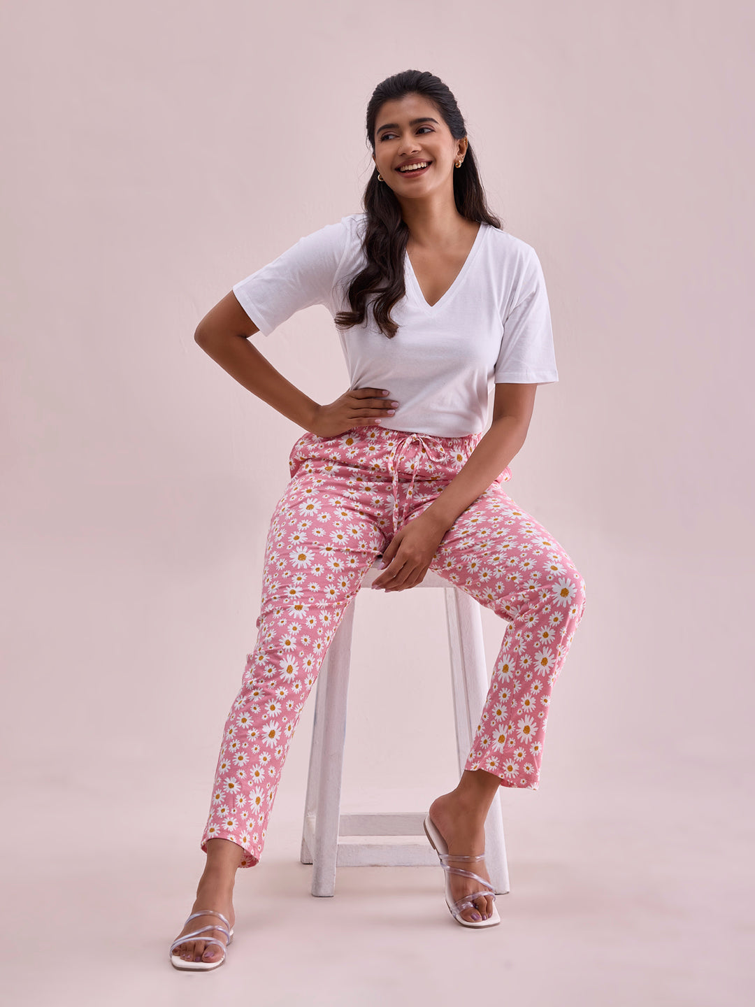 Light Pink Cotton Knit Printed Lounge Pants