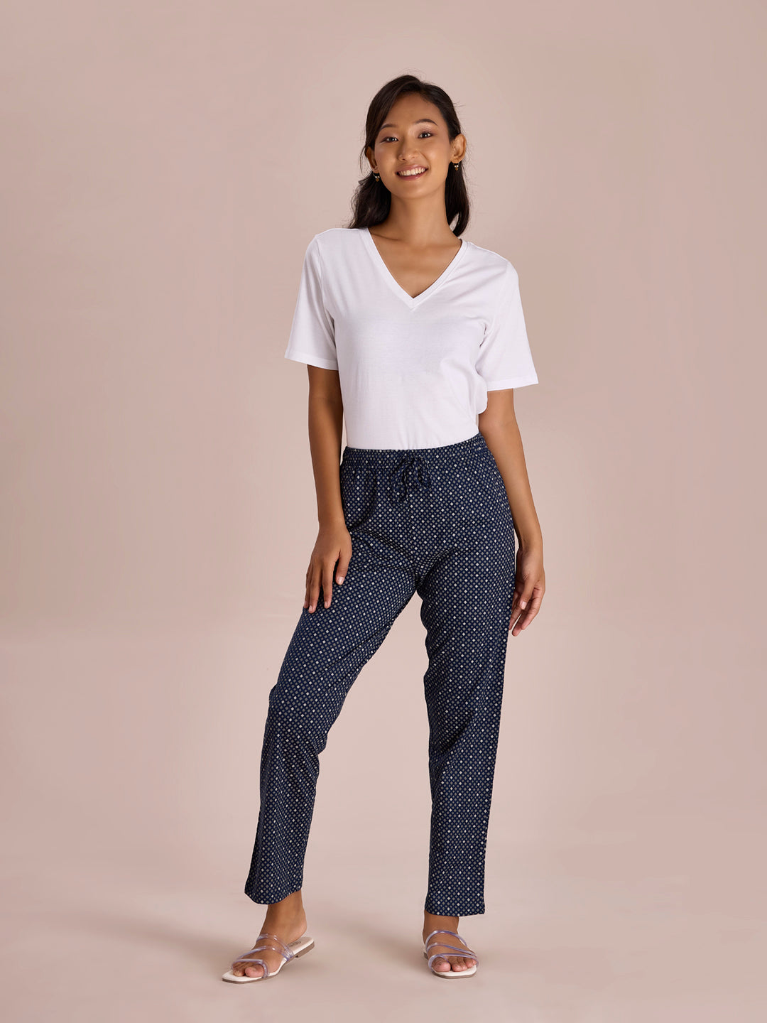 Navy Cotton Knit Printed Lounge Pants