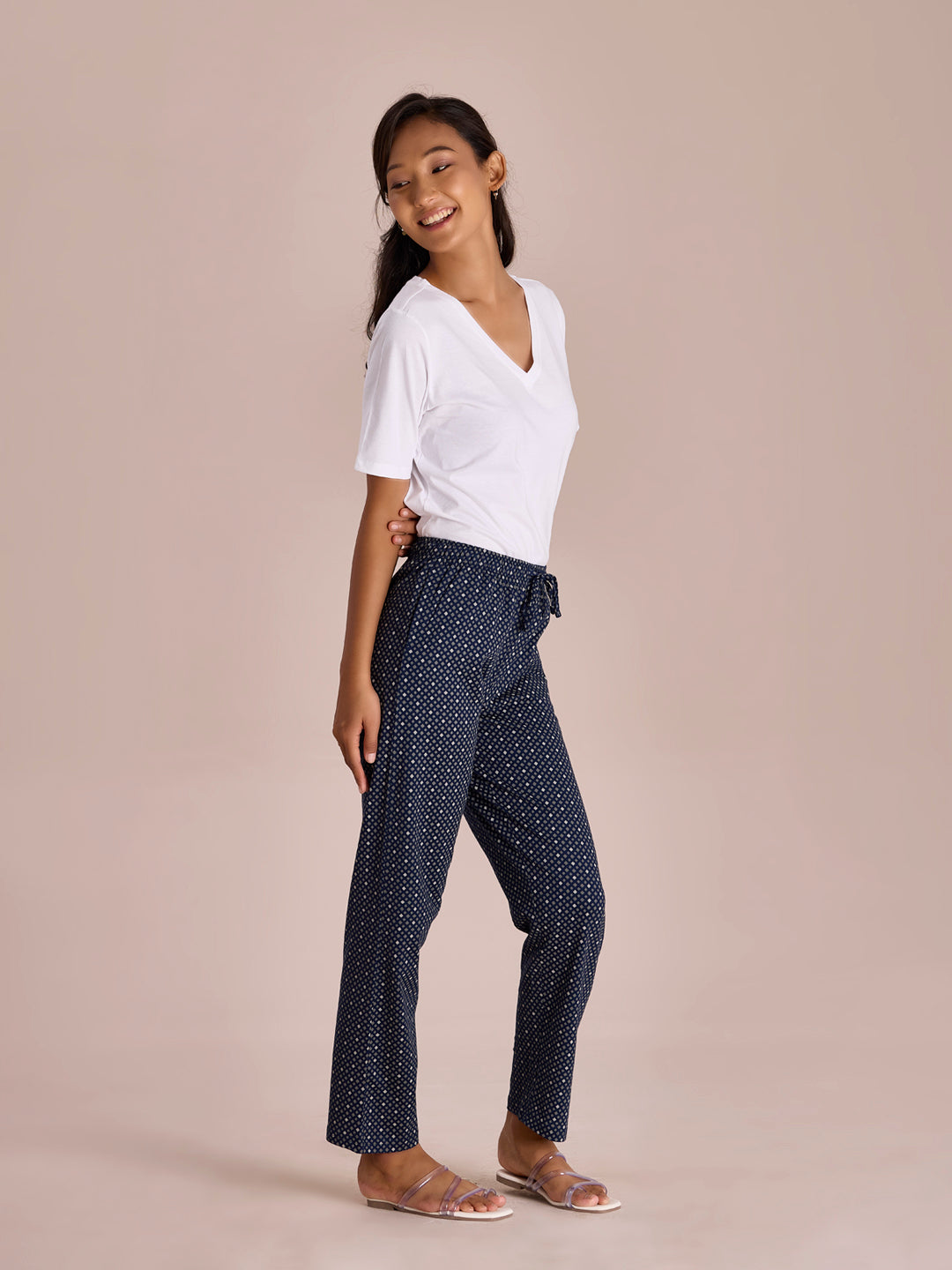 Navy Cotton Knit Printed Lounge Pants