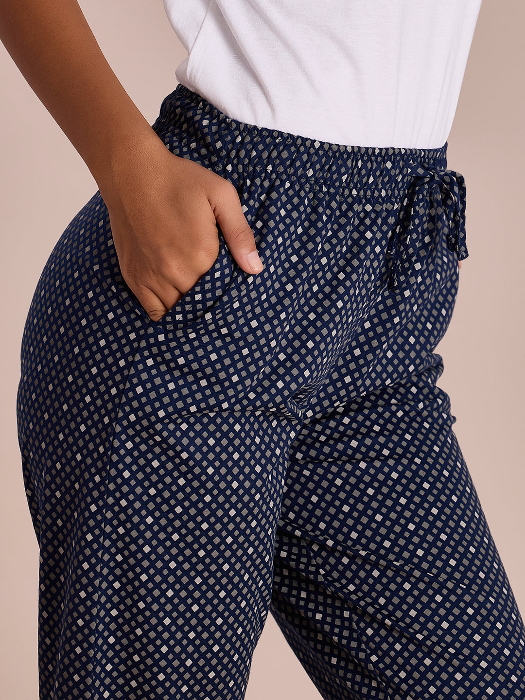 Navy Cotton Knit Printed Lounge Pants