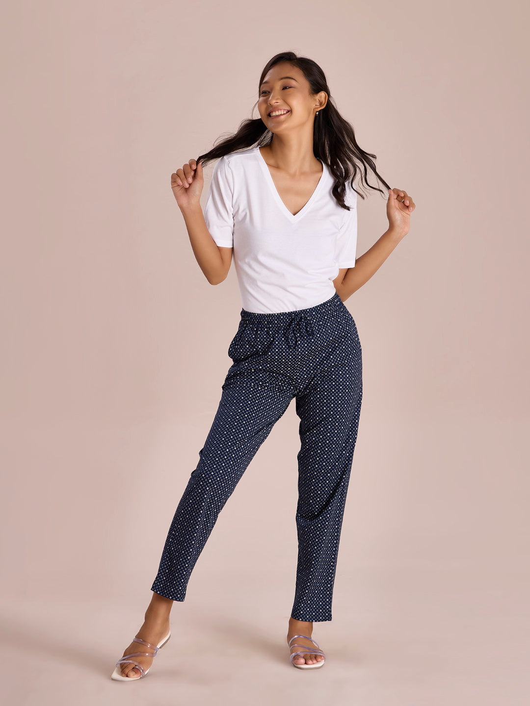 Navy Cotton Knit Printed Lounge Pants