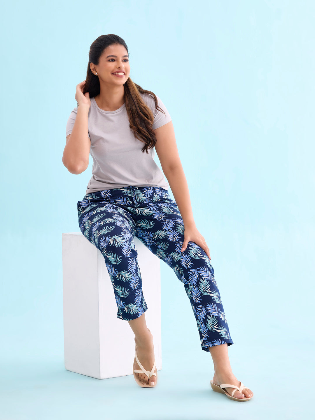 Navy Cotton Knit Printed Lounge Pants