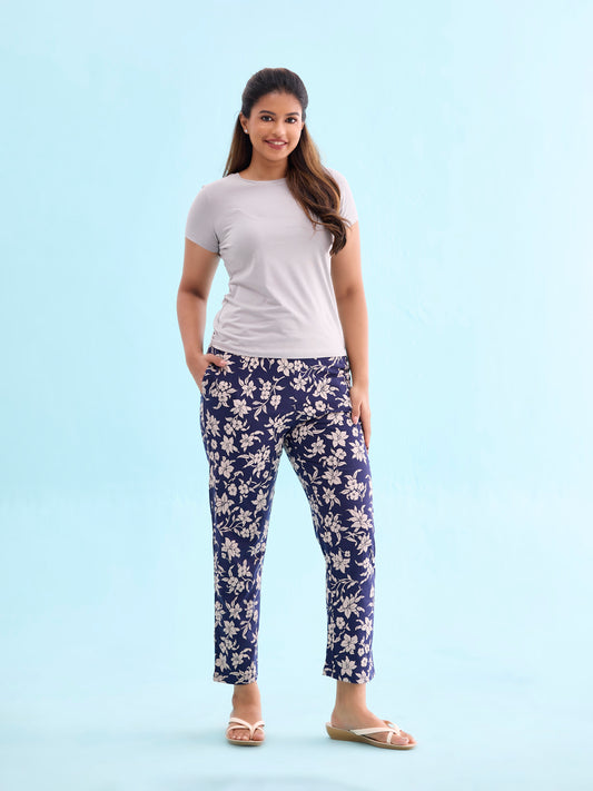 Navy Cotton Knit Printed Lounge Pants