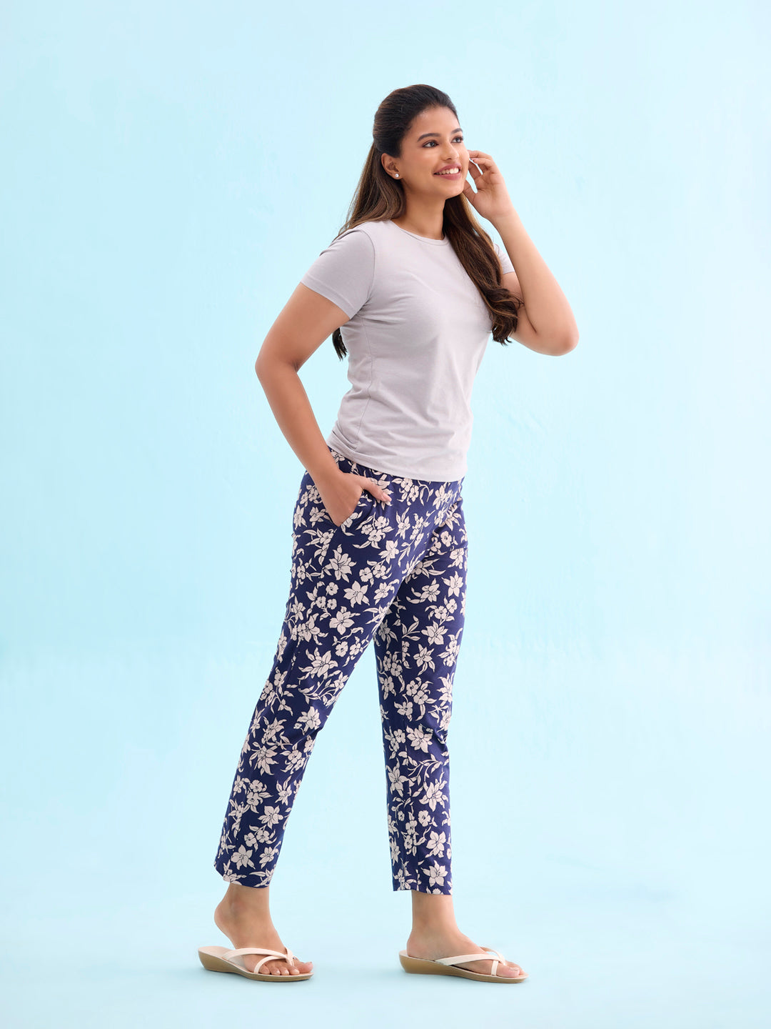 Navy Cotton Knit Printed Lounge Pants