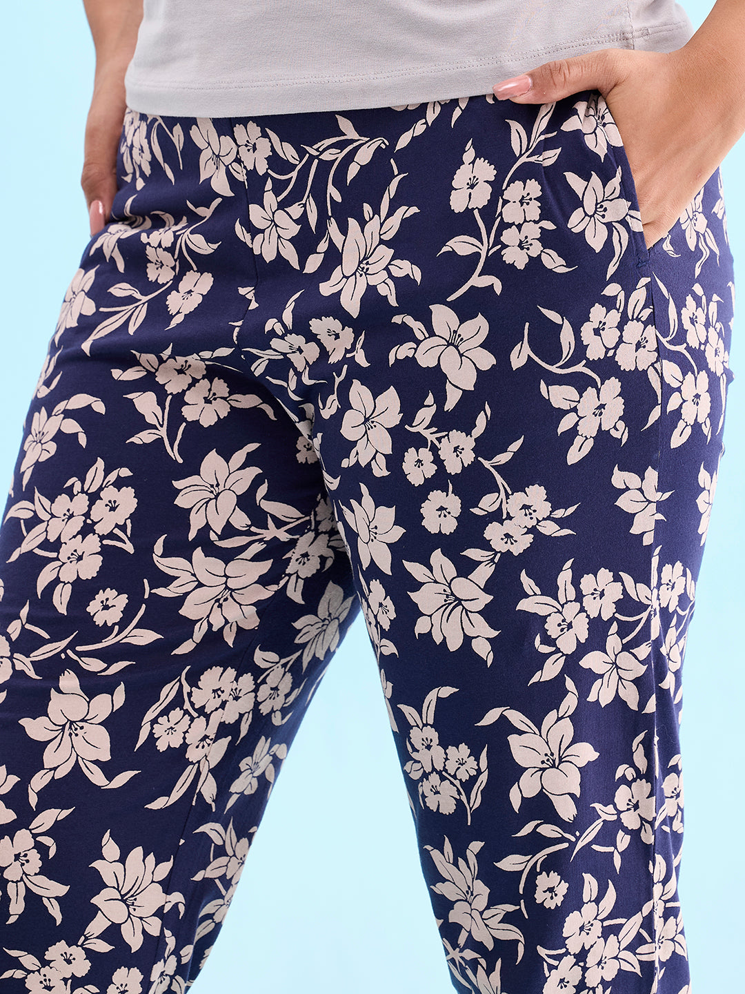 Navy Cotton Knit Printed Lounge Pants