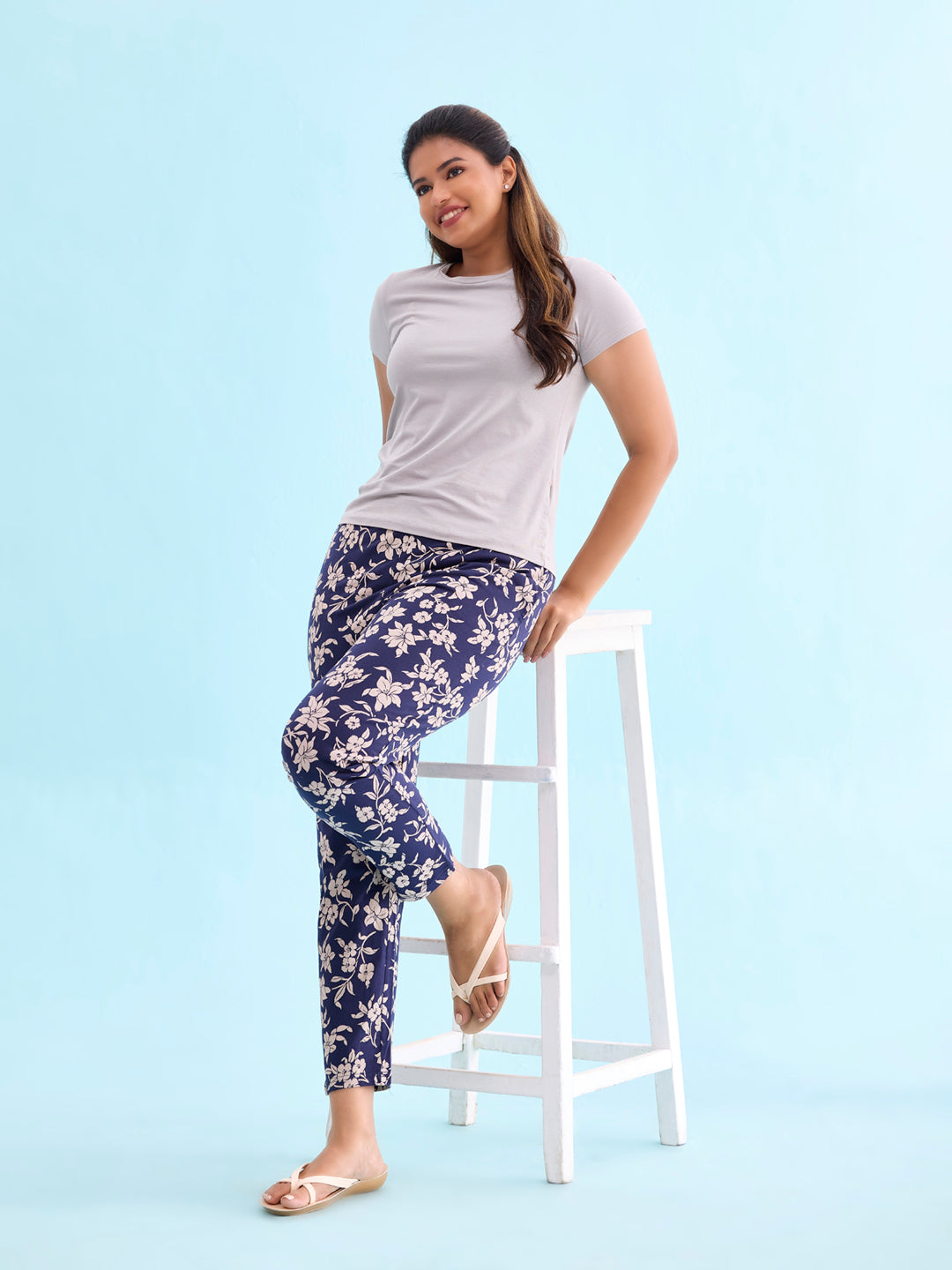 Navy Cotton Knit Printed Lounge Pants