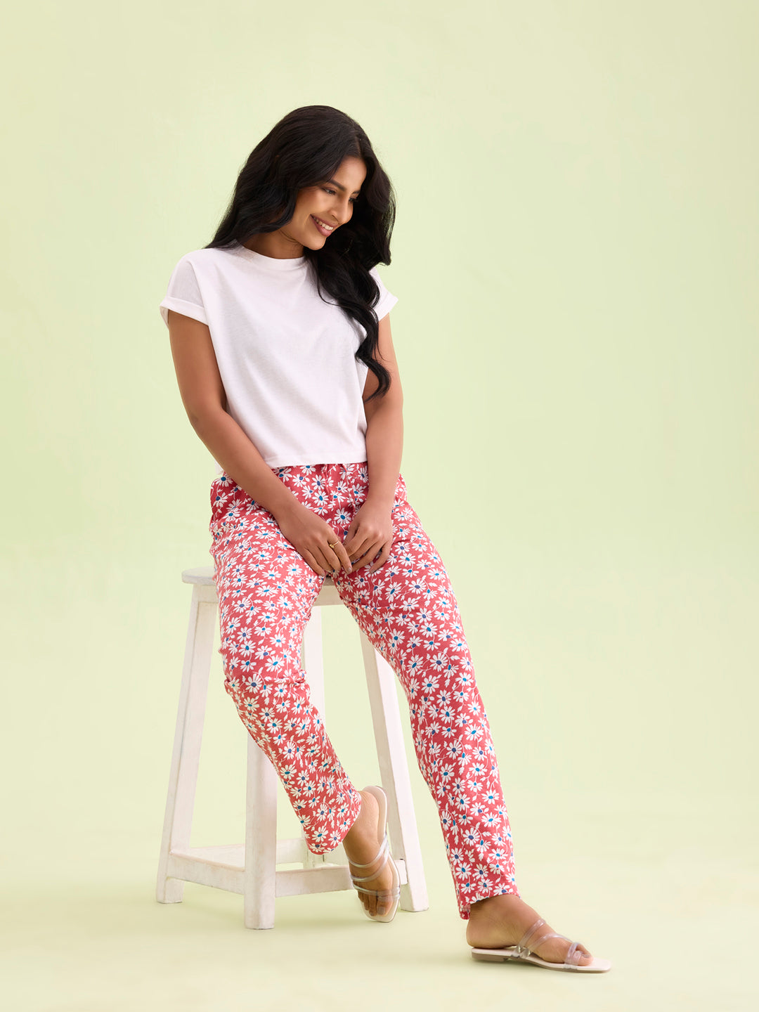 Red Cotton Knit Printed Lounge Pants