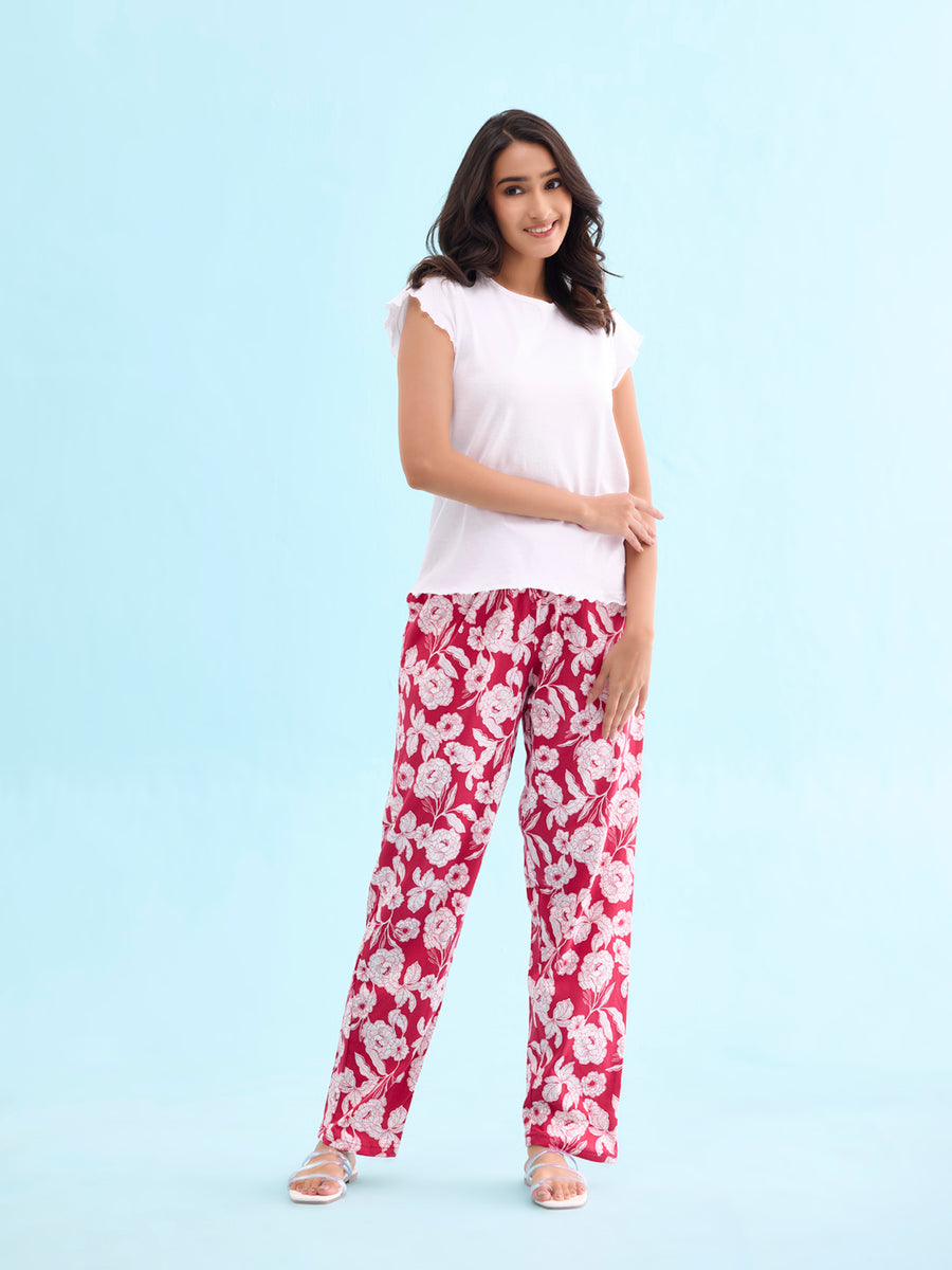 Women Printed Red Cotton Knit Lounge Pants