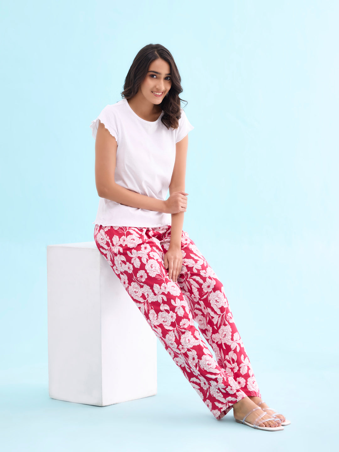 Red Cotton Knit Printed Lounge Pants