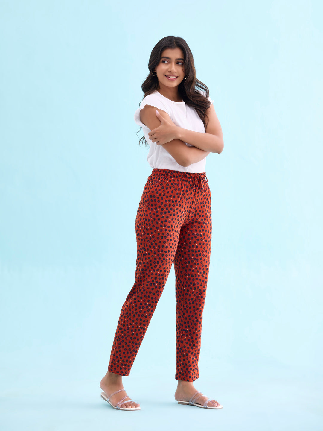 Rust Cotton Knit Printed Lounge Pants