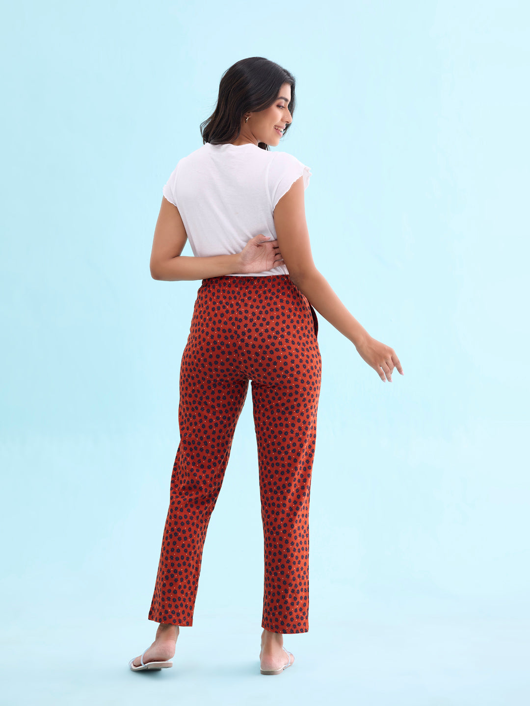 Rust Cotton Knit Printed Lounge Pants