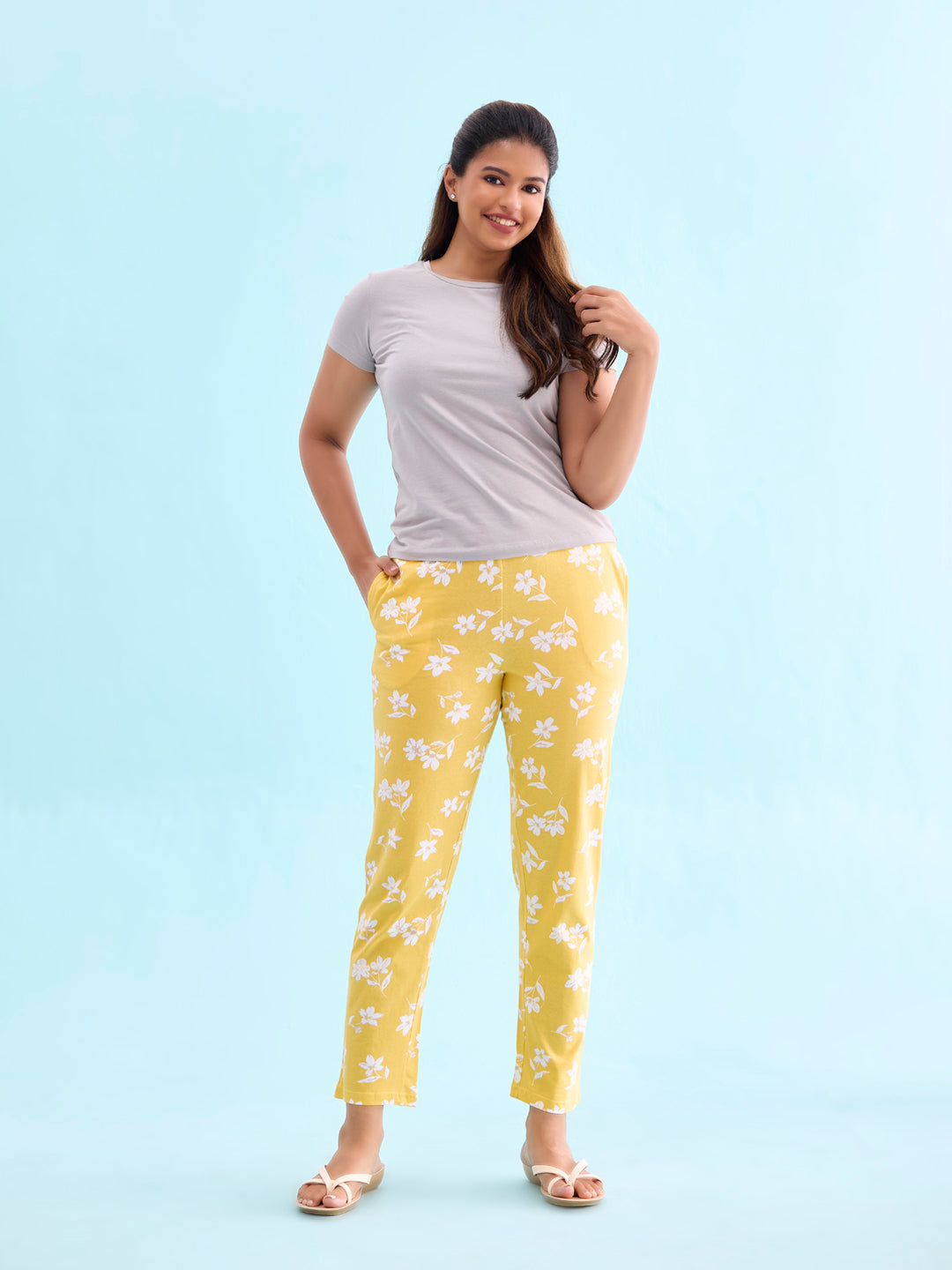 Yellow Cotton Knit Printed Lounge Pants