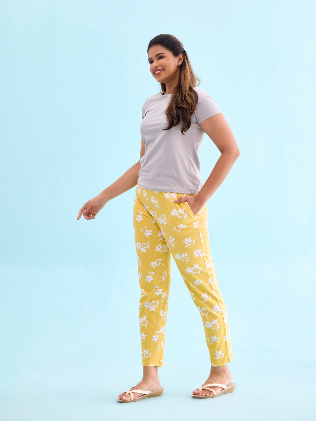 Yellow Cotton Knit Printed Lounge Pants