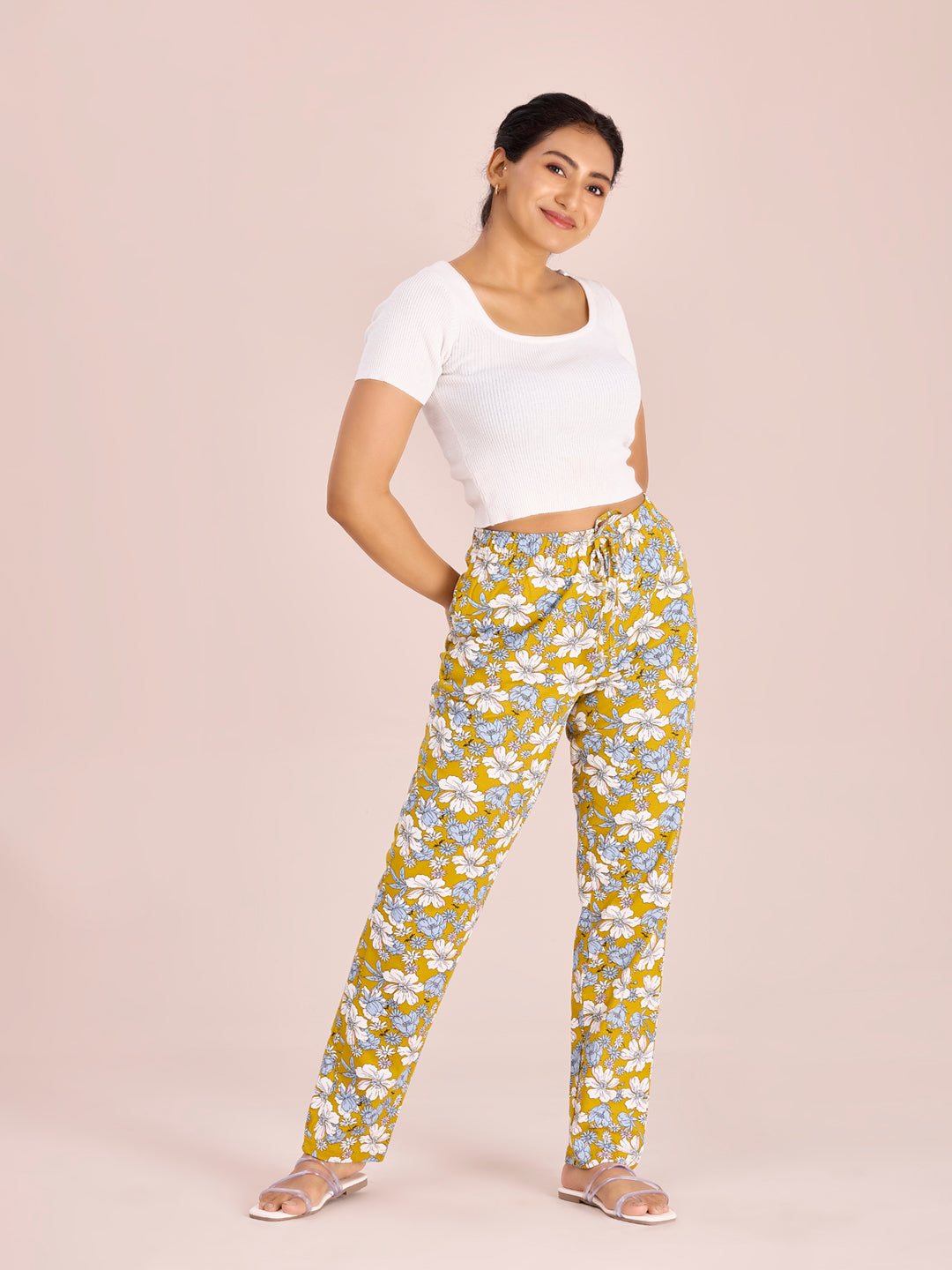 Yellow Cotton Knit Printed Lounge Pants