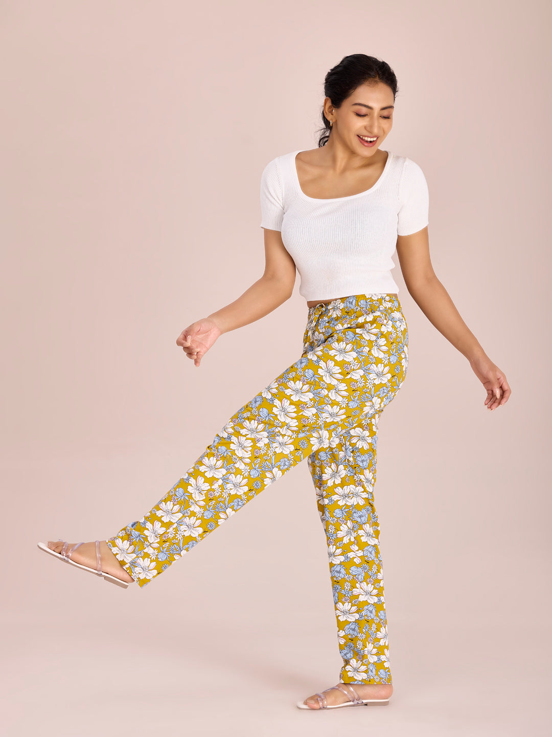 Yellow Cotton Knit Printed Lounge Pants