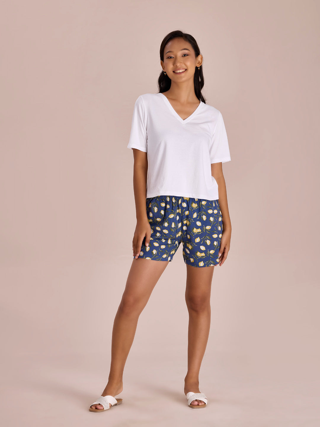 Blue Woven Viscose Printed Lounge Shorts