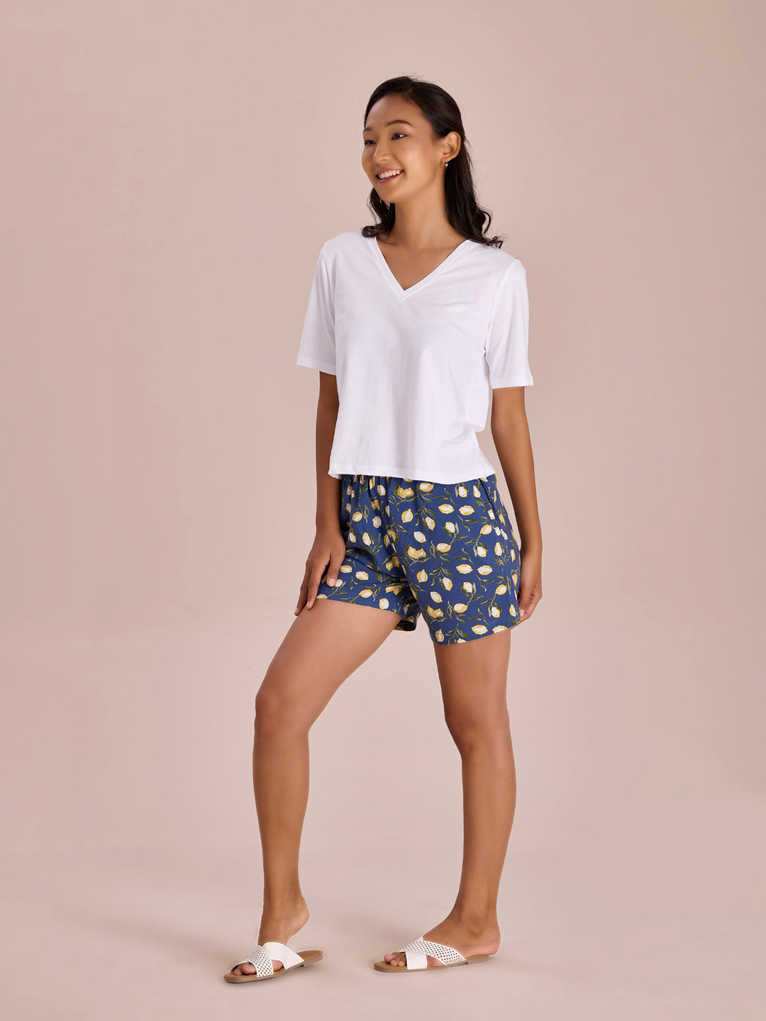 Blue Woven Viscose Printed Lounge Shorts