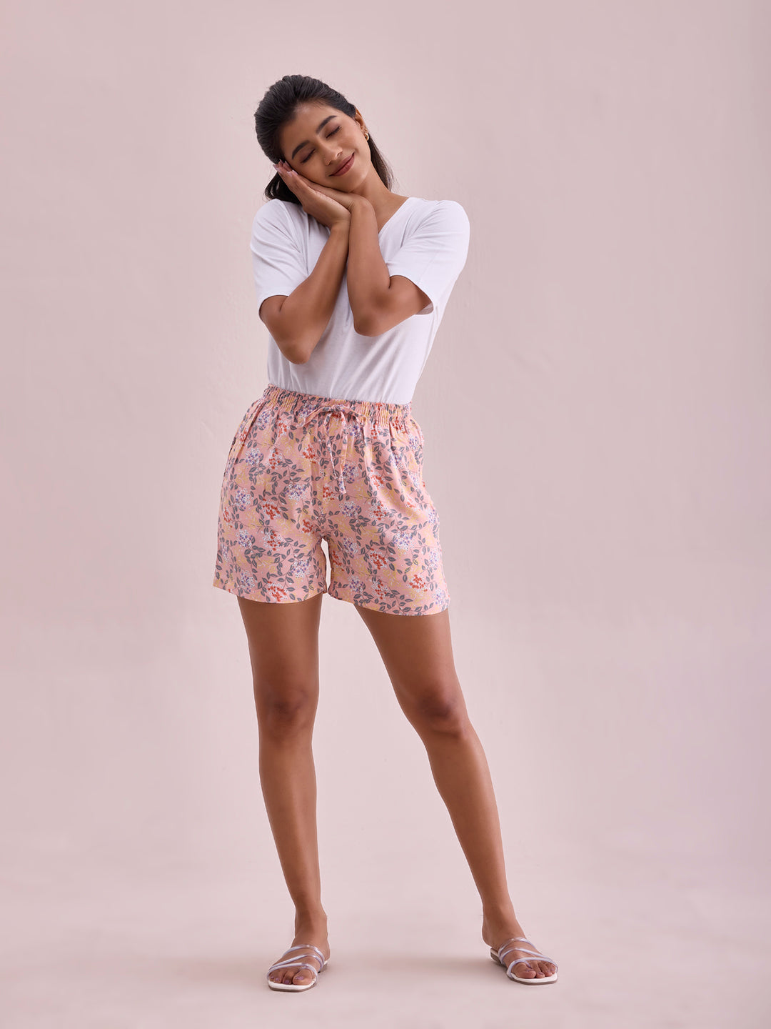 Light Pink Woven Viscose Printed Lounge Shorts