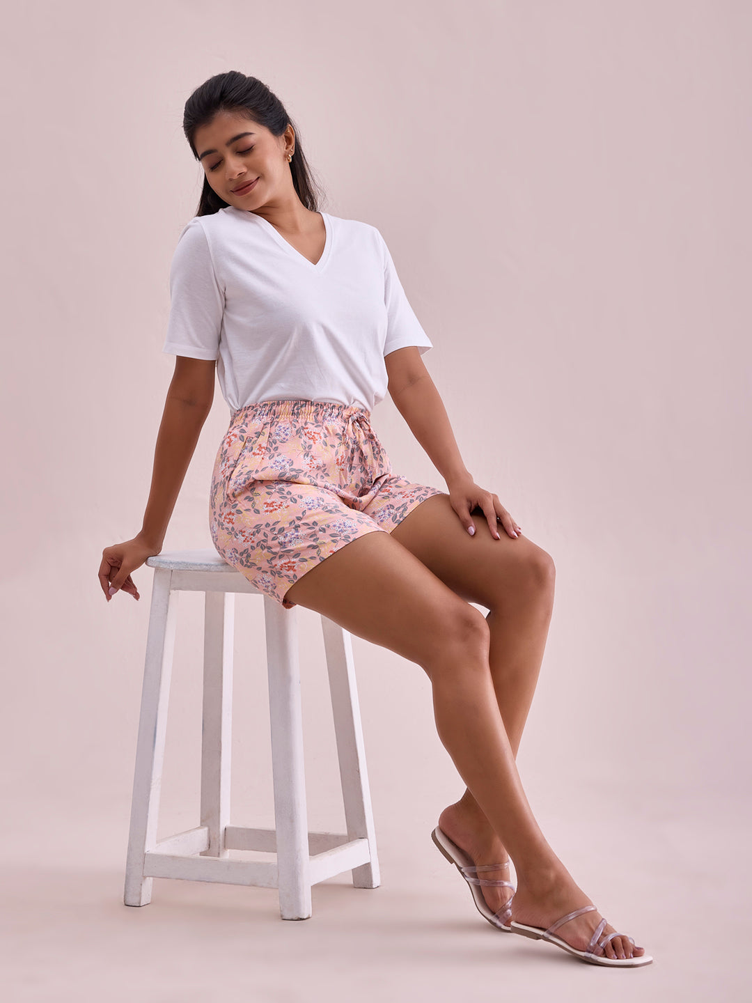 Light Pink Woven Viscose Printed Lounge Shorts