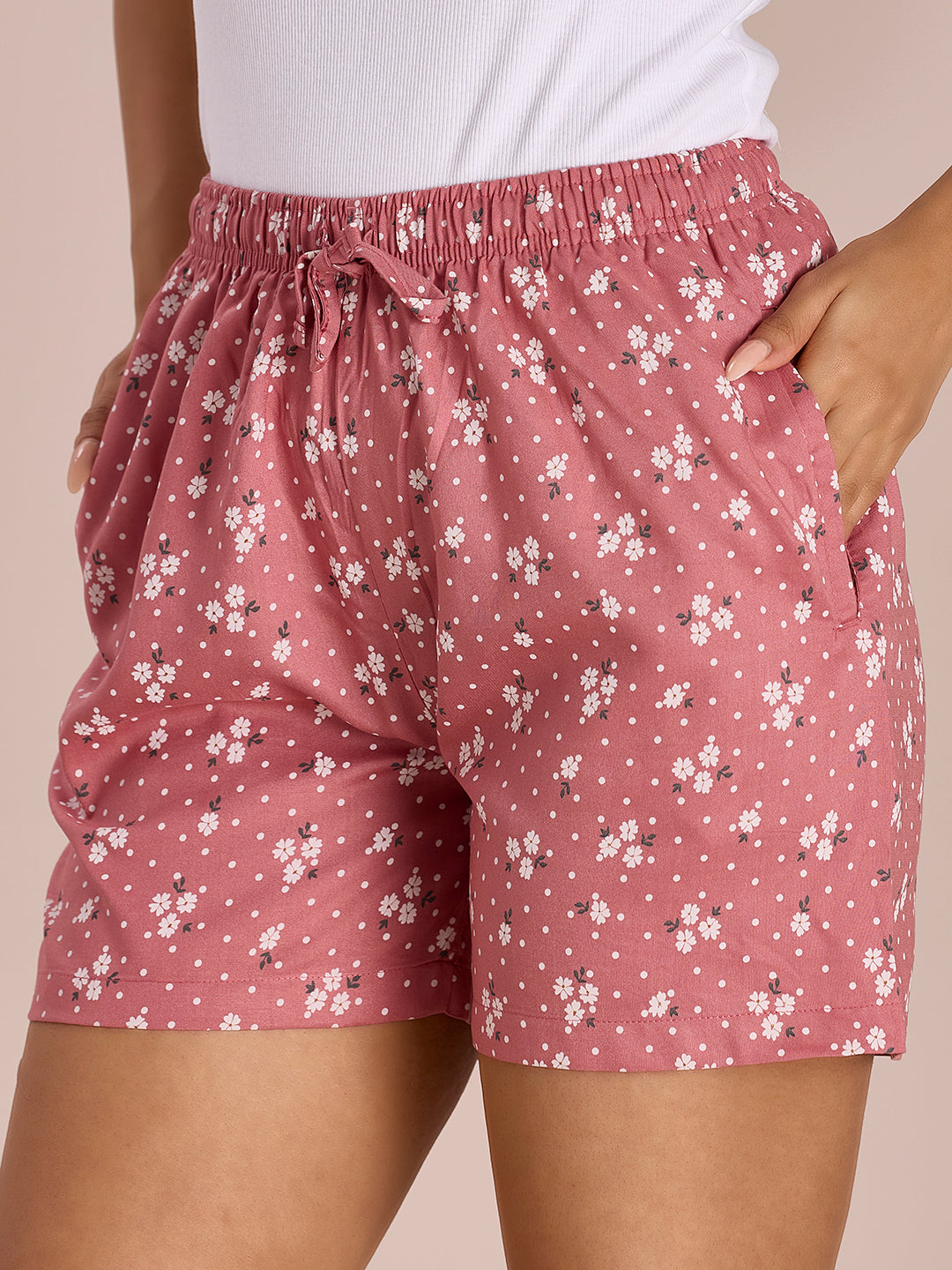 Medium Pink Woven Viscose Printed Lounge Shorts