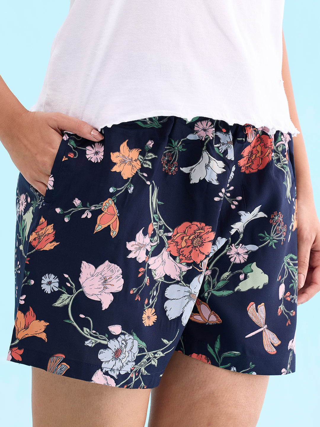 Navy Woven Viscose Printed Lounge Shorts