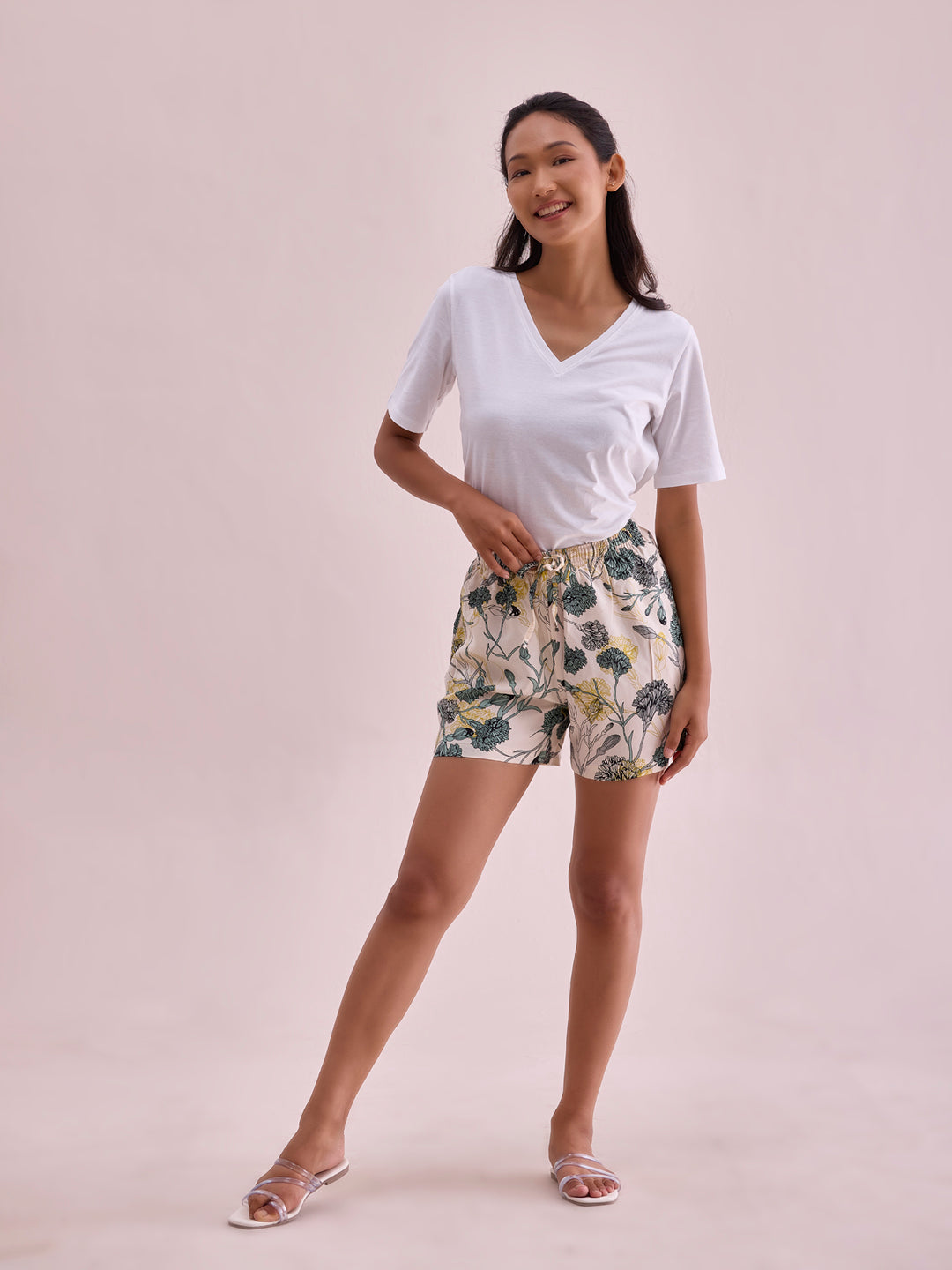 White Woven Viscose Printed Lounge Shorts