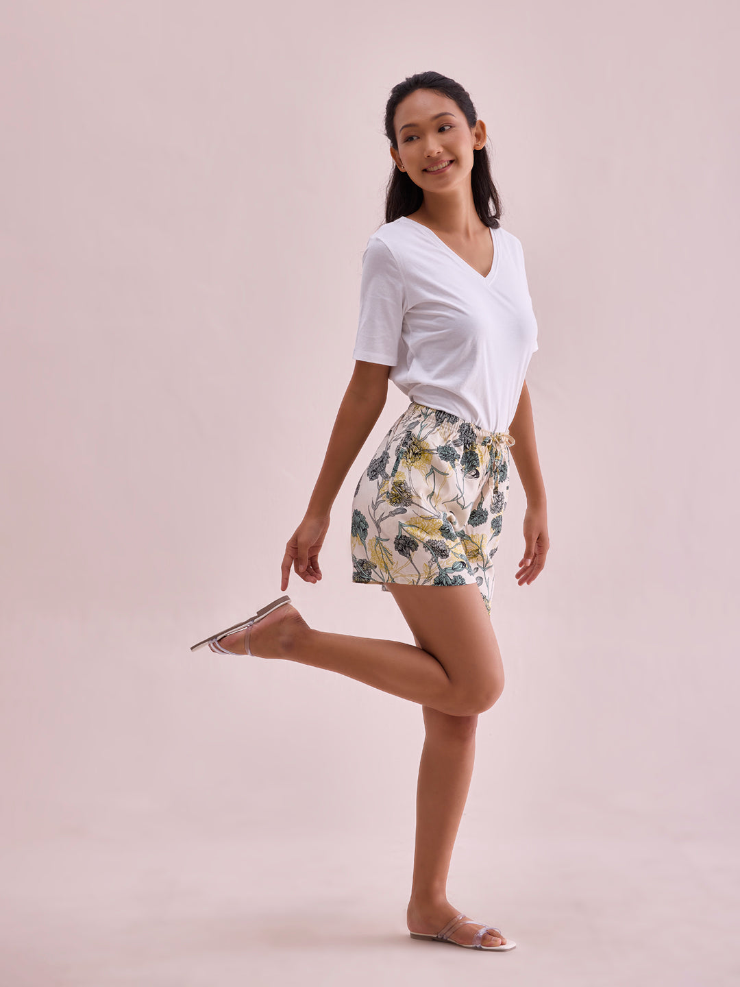 White Woven Viscose Printed Lounge Shorts