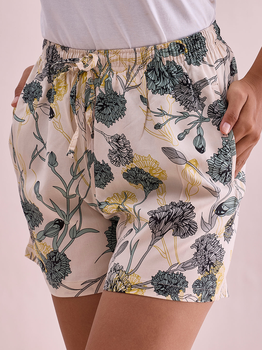 White Woven Viscose Printed Lounge Shorts