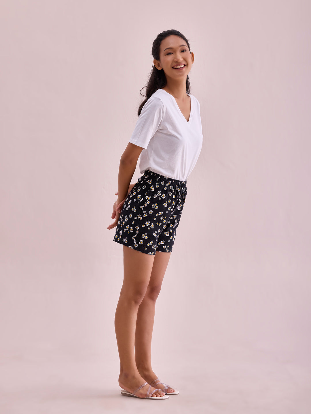 Black Cotton Knit Printed Lounge Shorts