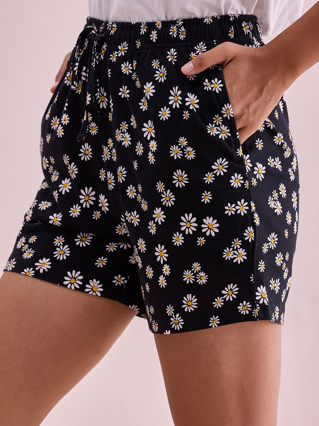 Black Cotton Knit Printed Lounge Shorts