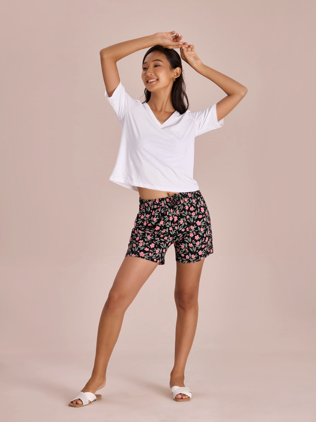 Black Cotton Knit Printed Lounge Shorts