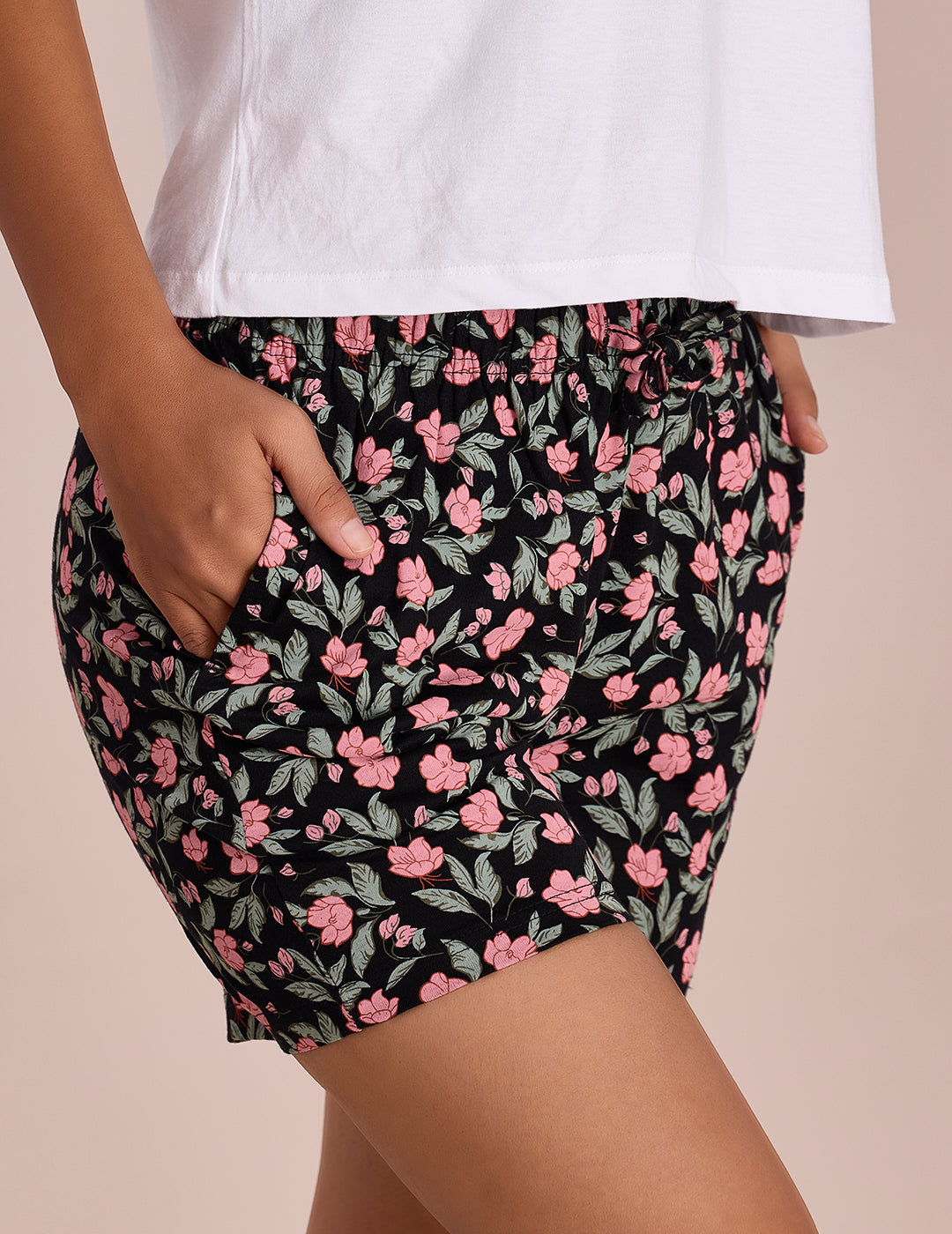 Black Cotton Knit Printed Lounge Shorts