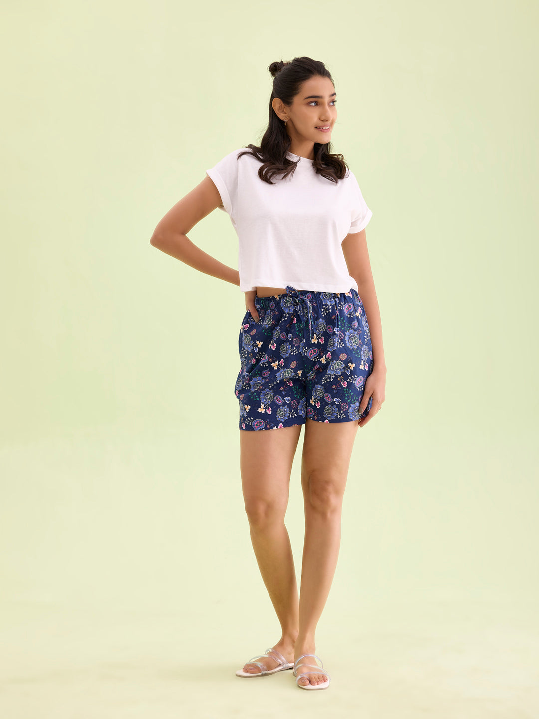 Blue Cotton Knit Printed Lounge Shorts