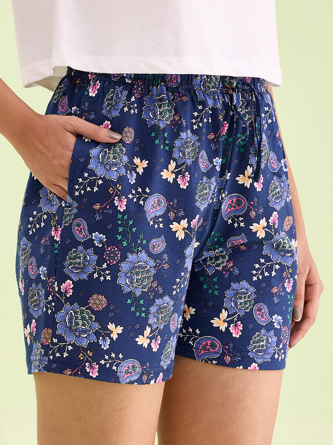 Blue Cotton Knit Printed Lounge Shorts