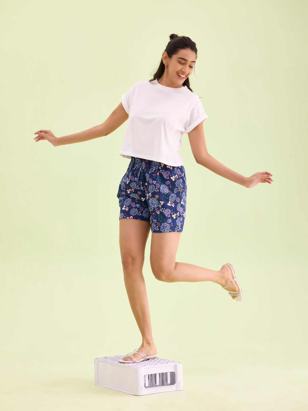 Blue Cotton Knit Printed Lounge Shorts