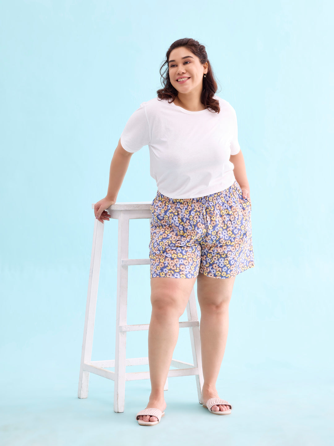 Blue Cotton Knit Printed Lounge Shorts