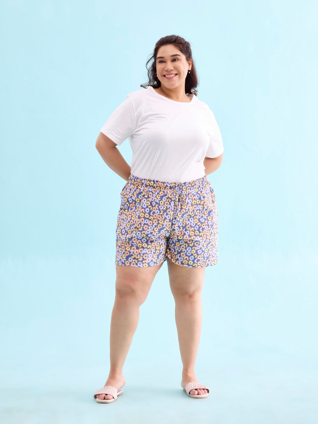 Blue Cotton Knit Printed Lounge Shorts