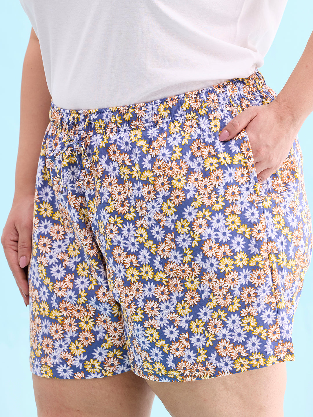 Blue Cotton Knit Printed Lounge Shorts