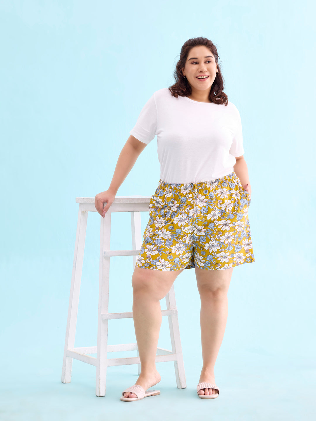 Yellow Cotton Knit Printed Lounge Shorts