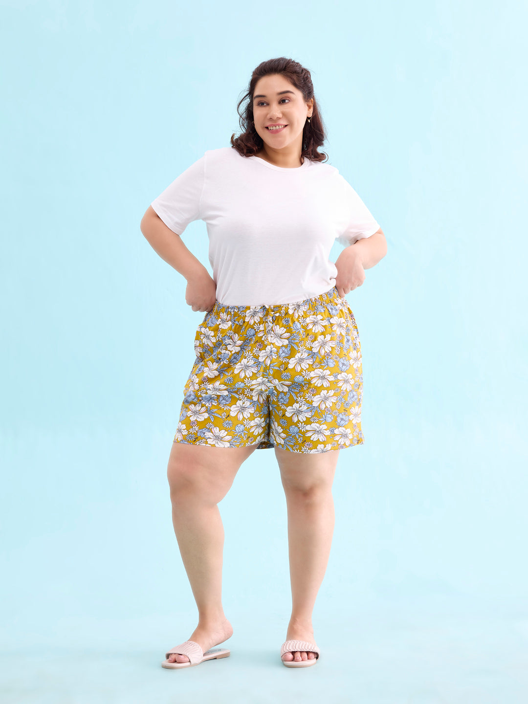 Yellow Cotton Knit Printed Lounge Shorts