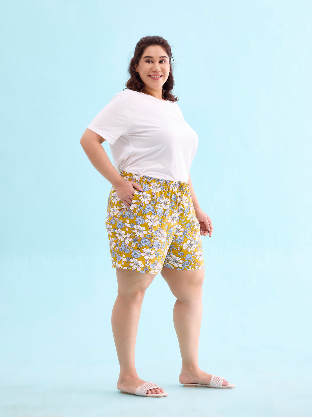 Yellow Cotton Knit Printed Lounge Shorts