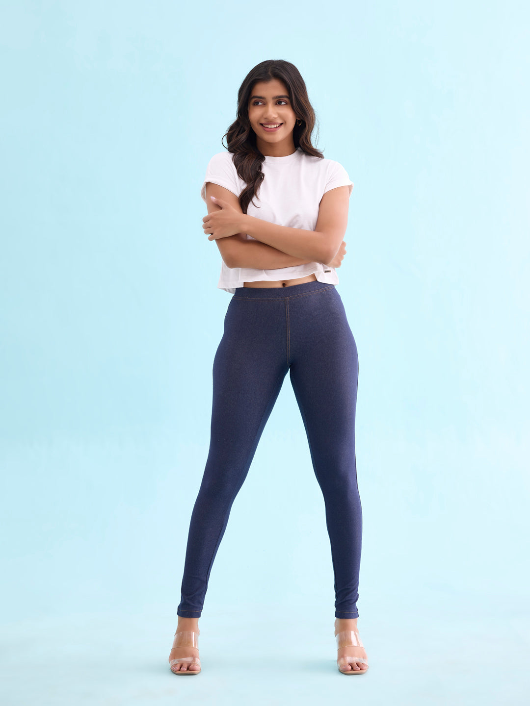 Blue Cotton Poly Stretch Knit Jeggings