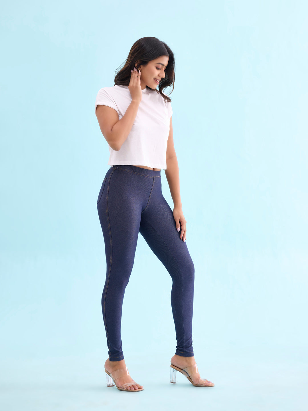 Blue Cotton Poly Stretch Knit Jeggings