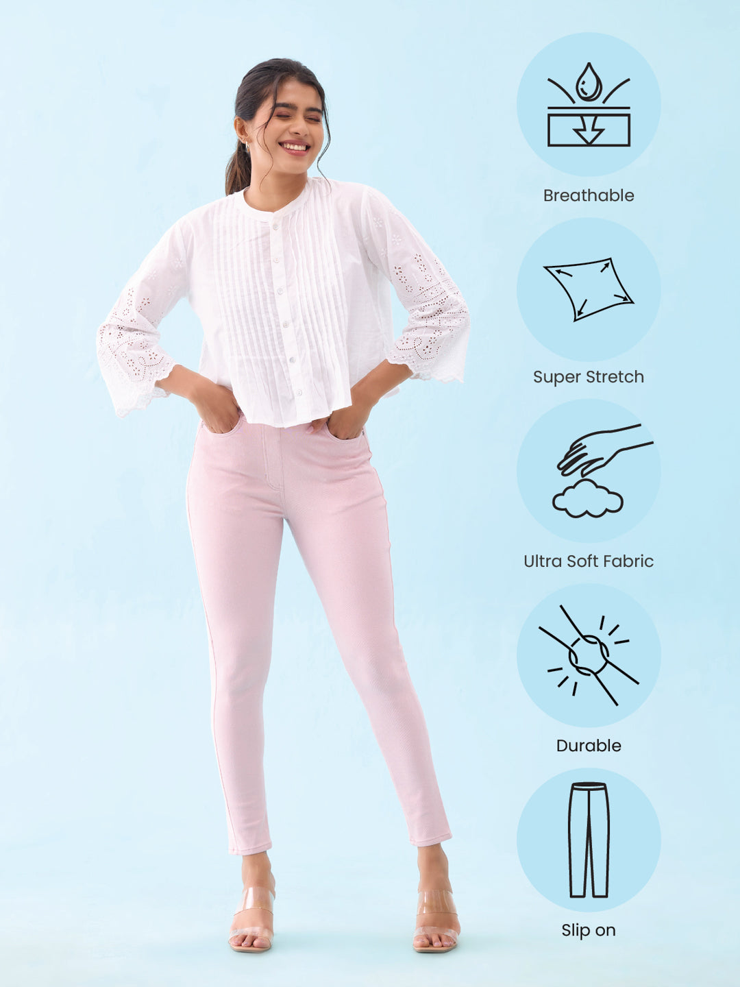 Baby Pink Cotton Polyester Super Stretch Jeggings